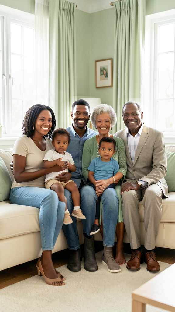 A Black family with parents, two children ages two and five, and grandparents