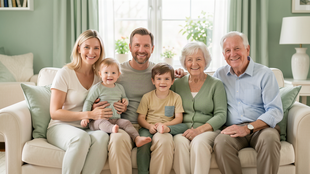 A white family with parents, two children ages two and five, and grandparents